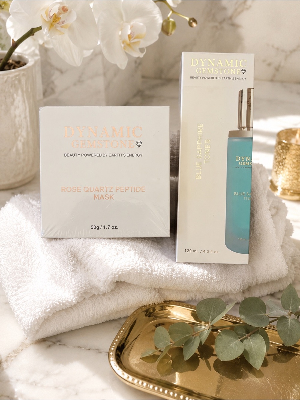 DYNAMIC GEMSTONE Luxury Skincare Duo | Blue Sapphire Toner + Rose Quartz Peptide